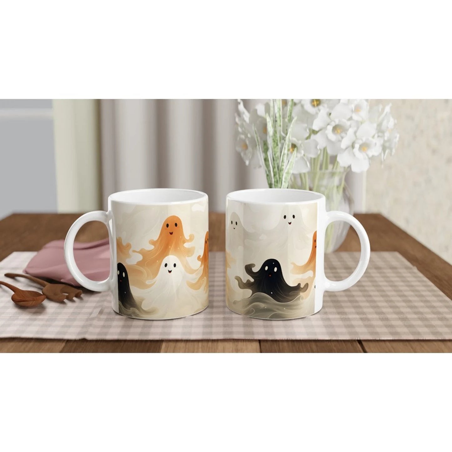 Whimsical Dancing Ghosts Halloween Mug - Spooky Elegance in Neutral Tones - Halloween-Fall-Suprise-Gift - Cute Cup