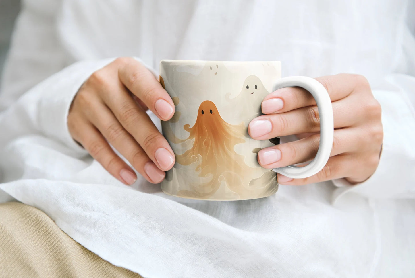 Whimsical Dancing Ghosts Halloween Mug - Spooky Elegance in Neutral Tones - Halloween-Fall-Suprise-Gift - Cute Cup