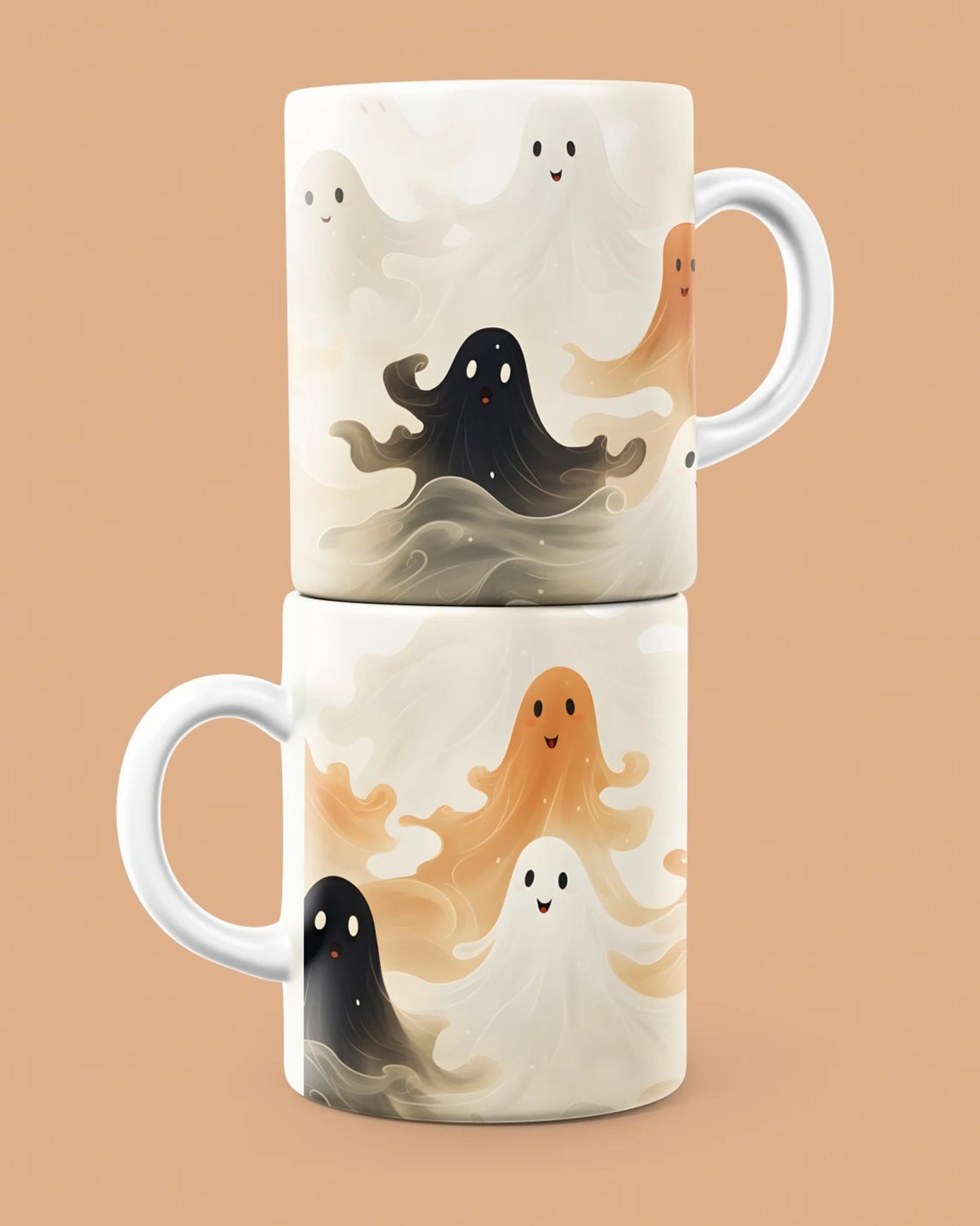 Whimsical Dancing Ghosts Halloween Mug - Spooky Elegance in Neutral Tones - Halloween-Fall-Suprise-Gift - Cute Cup