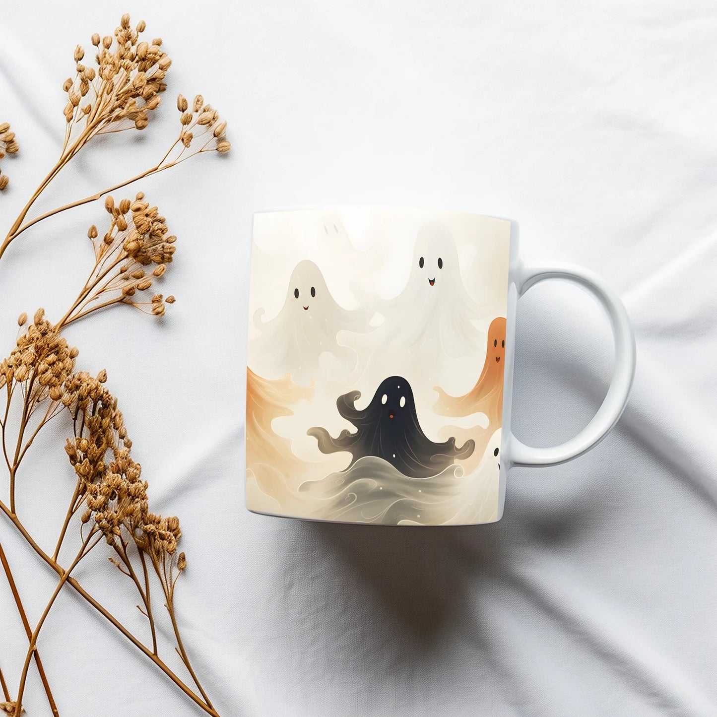 Whimsical Dancing Ghosts Halloween Mug - Spooky Elegance in Neutral Tones - Halloween-Fall-Suprise-Gift - Cute Cup