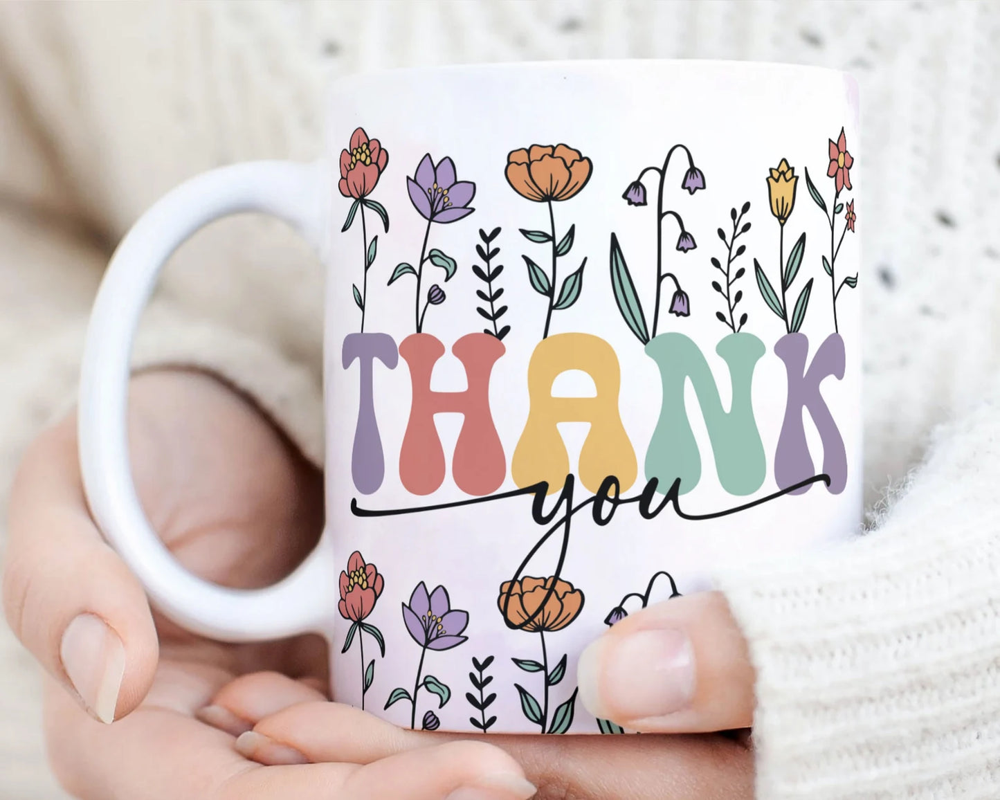 Thank You Mug Sublimation. Vintage Wildflowers Mug, Thankful Sublimation Mug, Thanksgiving Gift Mug, Retro Wildflowers Mug.