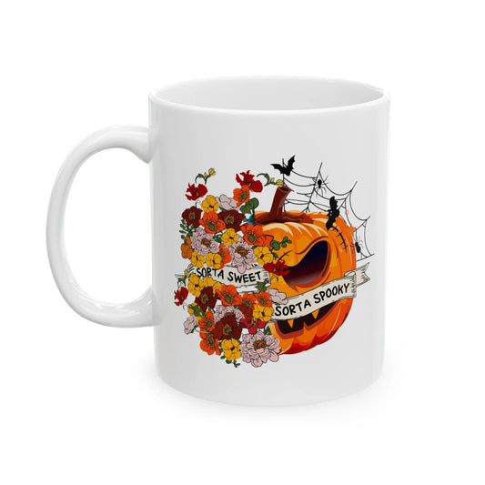 Sorta Sweet Sorta Spooky 11oz Ceramic Mug - Halloween Floral Pumpkin Design - Cute and Festive Autumn Drinkware