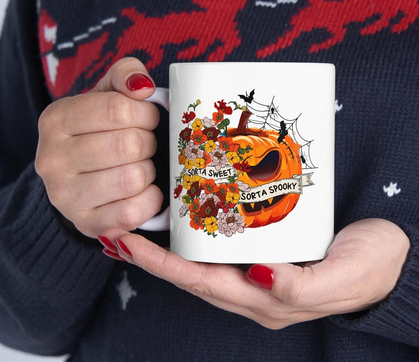 Sorta Sweet Sorta Spooky 11oz Ceramic Mug - Halloween Floral Pumpkin Design - Cute and Festive Autumn Drinkware